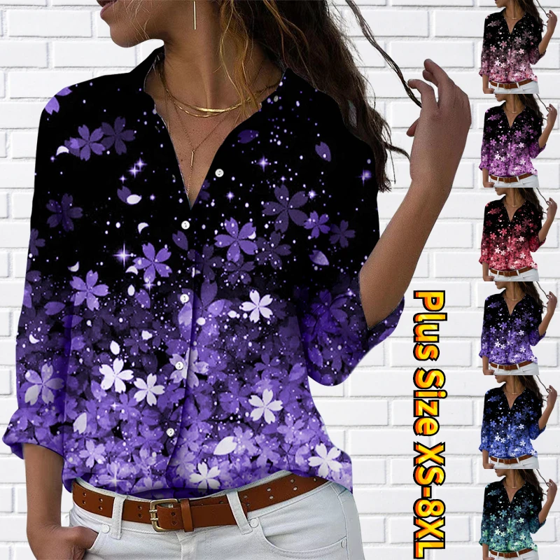 

2022 New Everyday Street Trend Blouse Autumn Winter Women Retro Loose Size Long Sleeve Sexy V-neck Floral Print Button Shirt