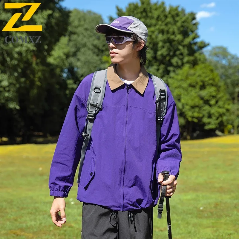 COMXZ 2025 Autumn New Men Color Block Jacket Shirt Collar American Coat Youth Hong Kong Style Casual Trend Lapel Workwear Coat