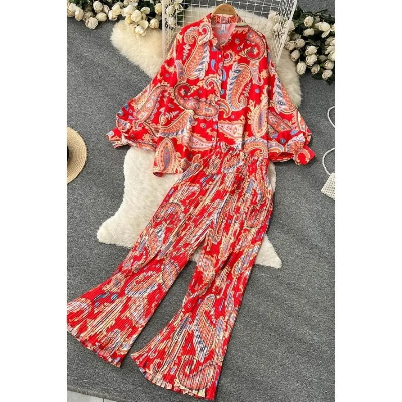 Suits Vacation Women Autumn Lapel Vintage Clothing Printed Loose Long Sleeve Lantern Sleeve High Waist Straight Casual Pants