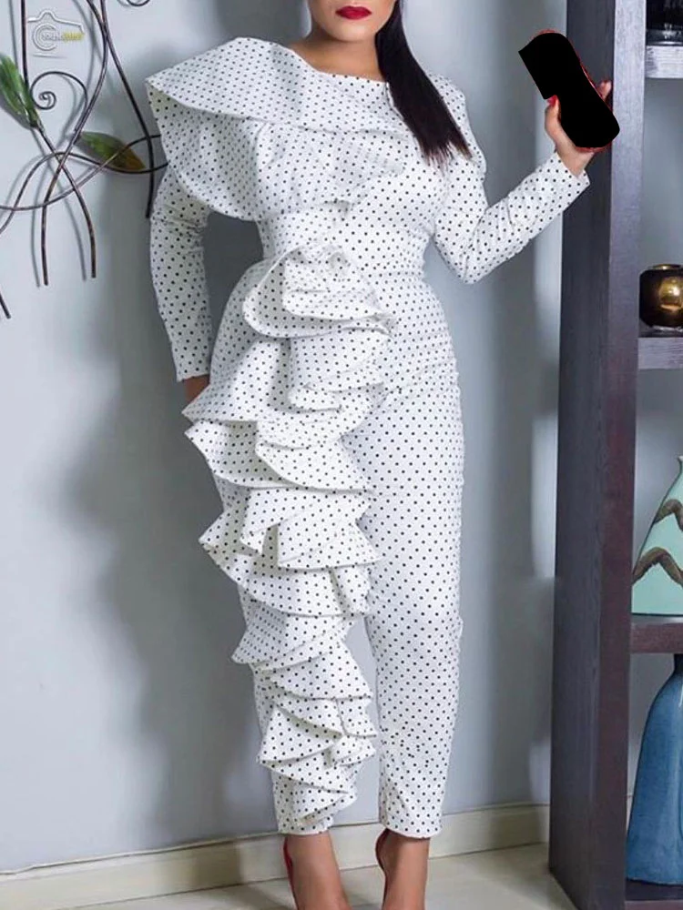 

KEXU Elegant Black Dot Print Ruffles Women High Waist Straight Jumpsuit Sexy Club Party Long Sleeve Rompers One Piece Overalls