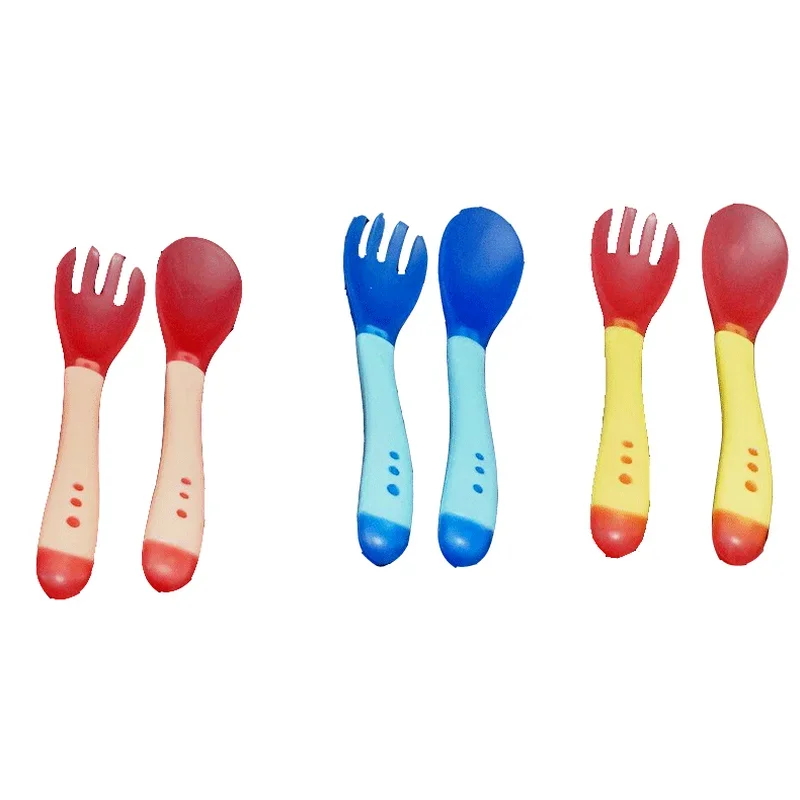 Fork Spoon Set Baby Cutlery Baby Temperature Sensing Spoon Fork Set for Newborn Children Safety Flatware Solid Feeding Anti Scald