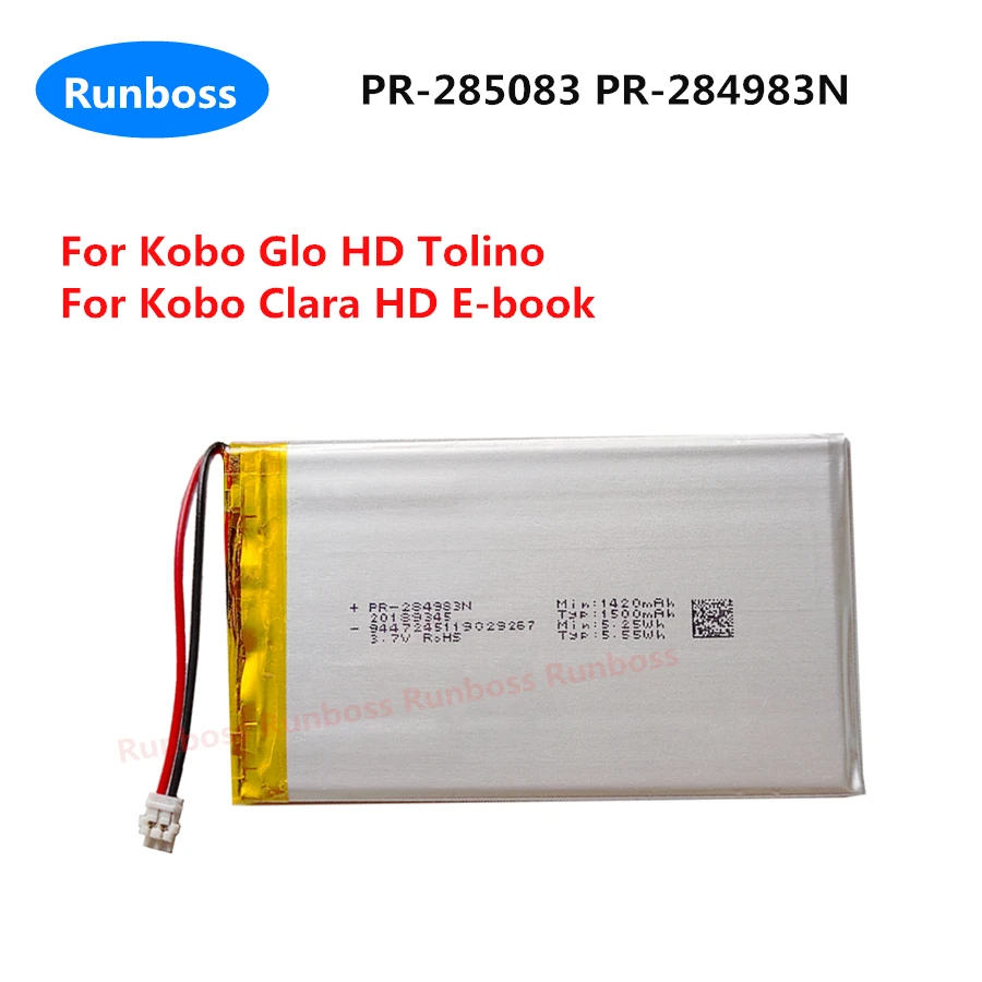 1-2 Pz Nuova Batteria 3.7V 1420Mah Pr-285083 Pr-284983N Per Kobo Glo Hd Tolino , Kobo Clara Hd E-Book Accumulatore Spina A 2 Fili