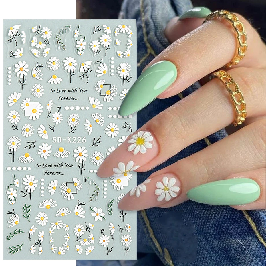 5D White Daisy Nail Art Stickers Relief Mimosa Sakura Peony Flowers