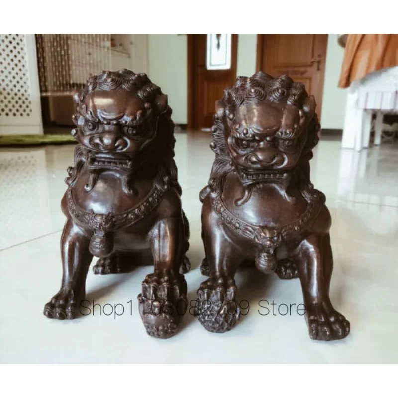 

8" Collectables Bronze copper Lion Fengshui Door Lions Fu Foo Dogs Pair Statue