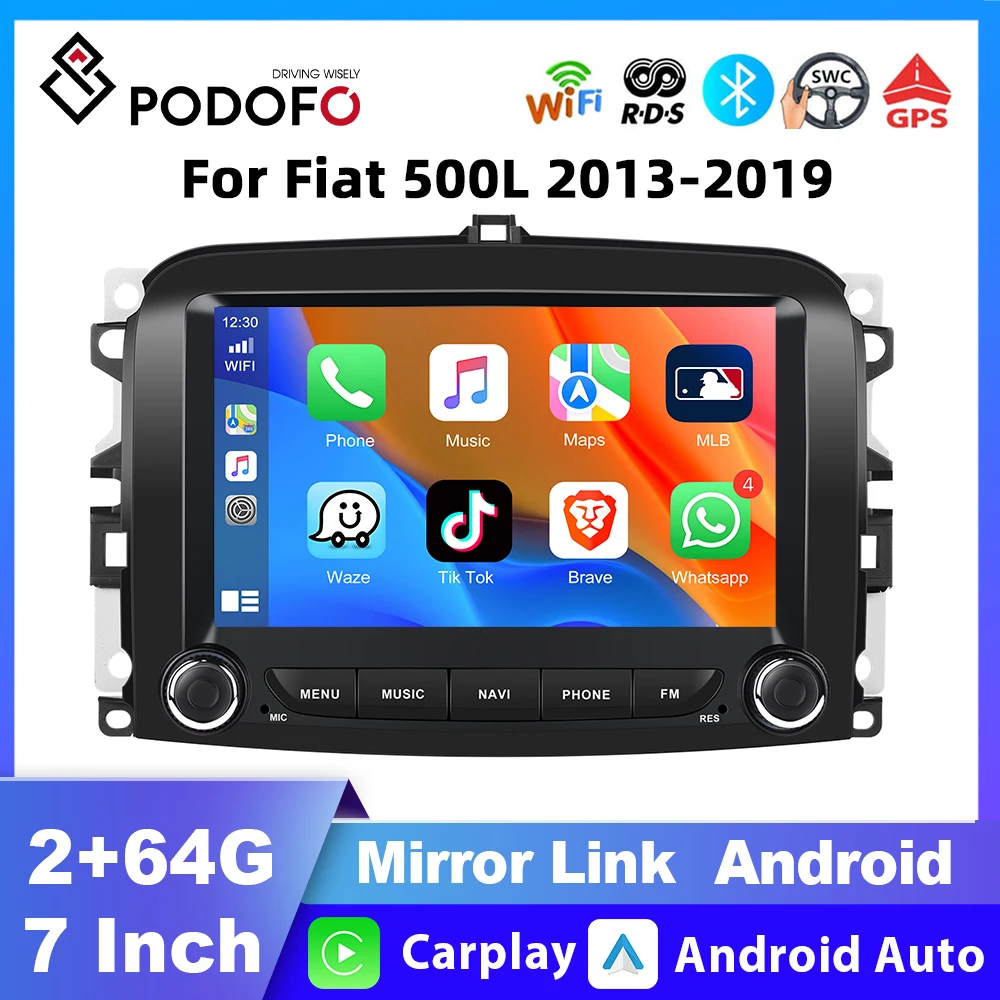 Podofo 7 inch 2+64G Android 2 din Car Radio Multimedia Player For Fiat 500L 2013 2014 2015 2016-2019 GPS Autoradio Stereo audio