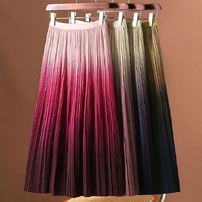 

Gradual Color Pleated Skirt Women's Spring and Autumn New Fashion OL Temperament Elegant Small Fragrance High Waist Long Skirt
