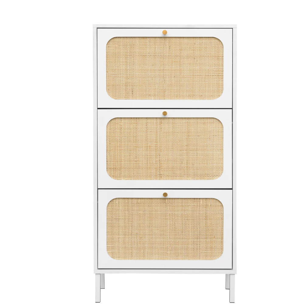 Natural Rattan 3 Door Shoe Rack, Freestanding Modern Shoe Storage Cabinet, for Entryway