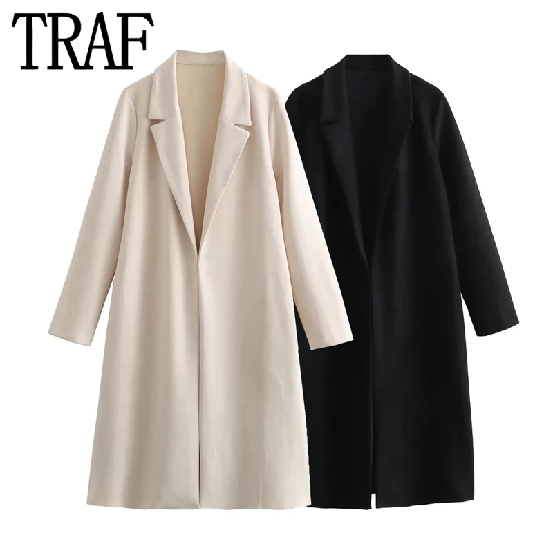 

TRAF 2023 Faux Suede Long Coat Women Long Sleeve Cardigan Woman Autumn Winter Beige Black Coat Women Elegant Women's Overcoat