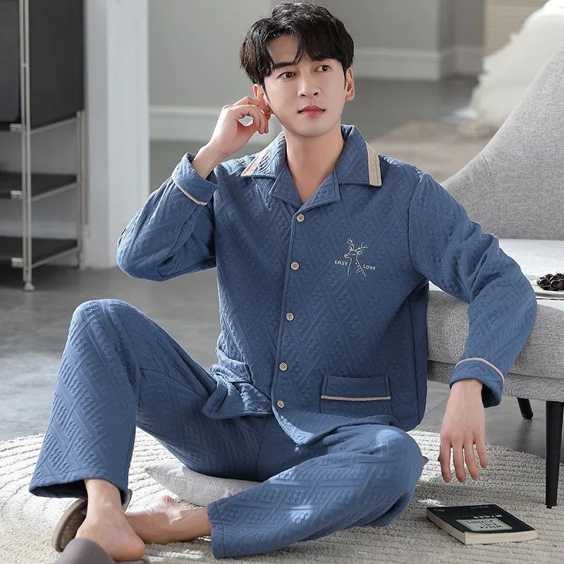 2024 New Autumn Winter Pure Cotton Pajamas Men's Thickened Interlayer Cotton Warm Sleepwear Set V-neck Loose Large Size Homewear