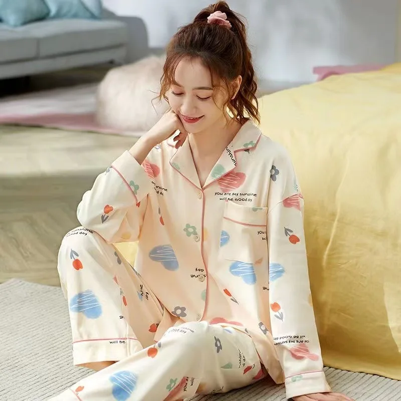 Spring and Autumn Female Loose Sleepwear Sets Long Sleeve Trousers Women Pajamas Set Cardigan Elegant Pijama for Women 2 Pieces