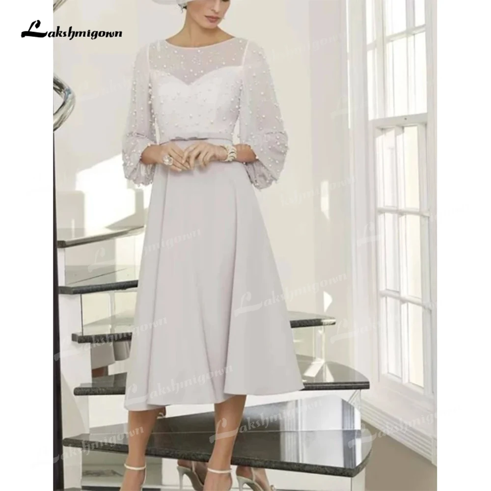 

Gorgeous A-line Mother Of The Bride Dress Chiffon Long Sleeves Beads Tea Length Elegant Dresses for women Vestido Mae Da Noiva