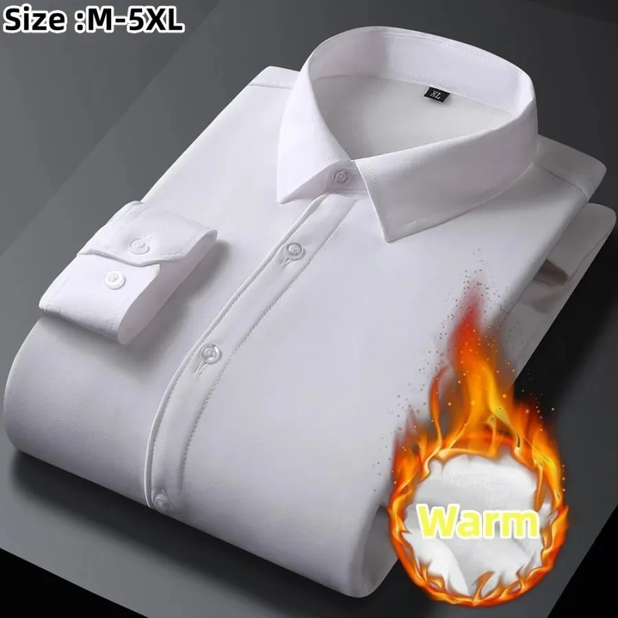 Men's Autumn Winter Long Sleeve Shirts Fleece Stretch Formal Business Office Wear M-5XL