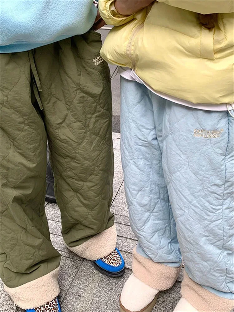 QWEEK Korean Fashion Cotton-Padded Pants Women Y2K Winter Warm Wide Leg Trousers Harajuku Wide Leg Patchwork Basic Brushed Pants