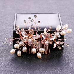 Rose Gold Crystal Pearl Flower Hair Comb (Rose Gold)
