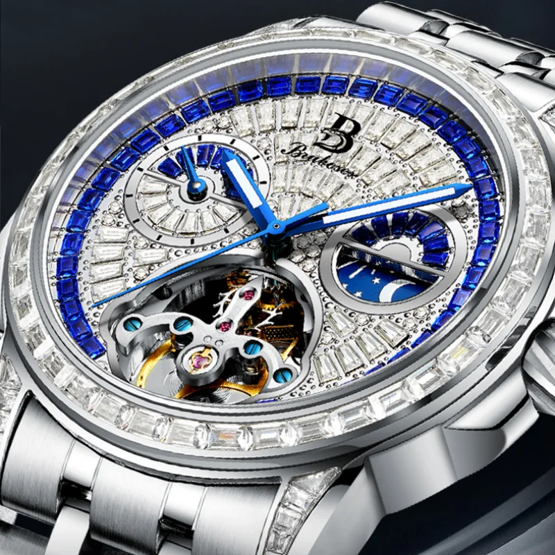 

BRUBOSES Men's Skeleton Automatic Mechanical Winding Watch Stainless Steel Waterproof Fashion Sapphire Sports Watch