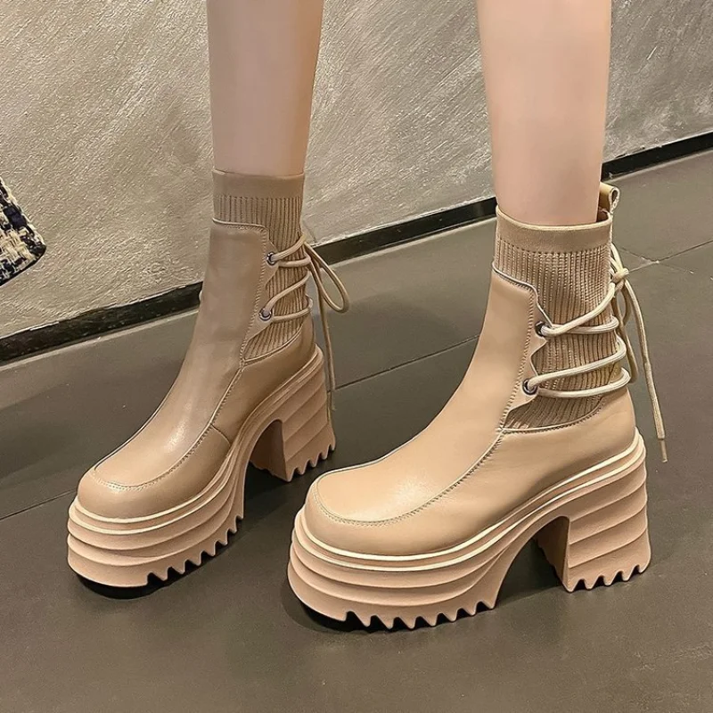 2023 New Lace Up Super Thick High Heels Dress Shoes Women Boots Genuine Leather Platform Ankle Boots Women's boots 35-39
