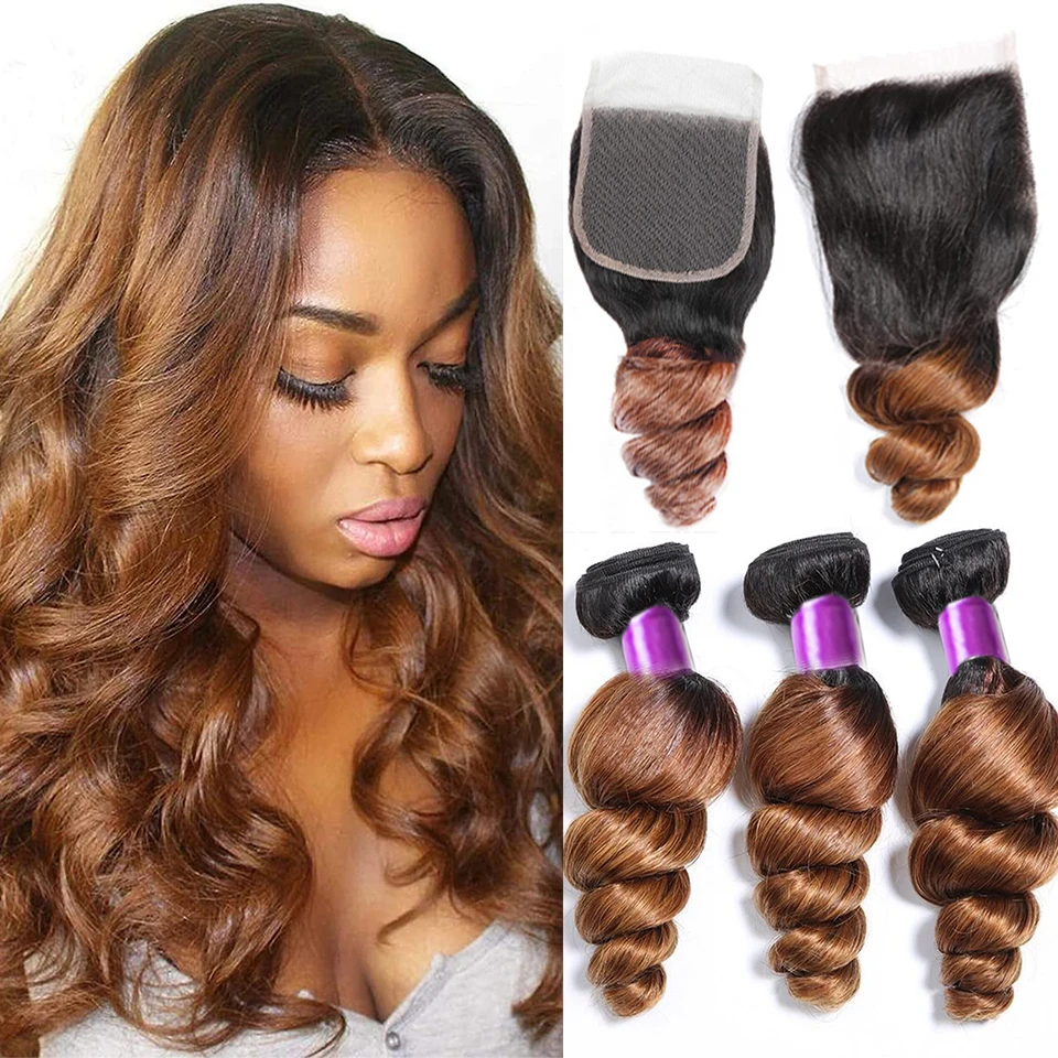 

Peruvian Ombre Brown T1B/30 Loose Wave Bundles with Closure Brazilian Remy Hair Extension Human Hair Bundles with Closure Fronta