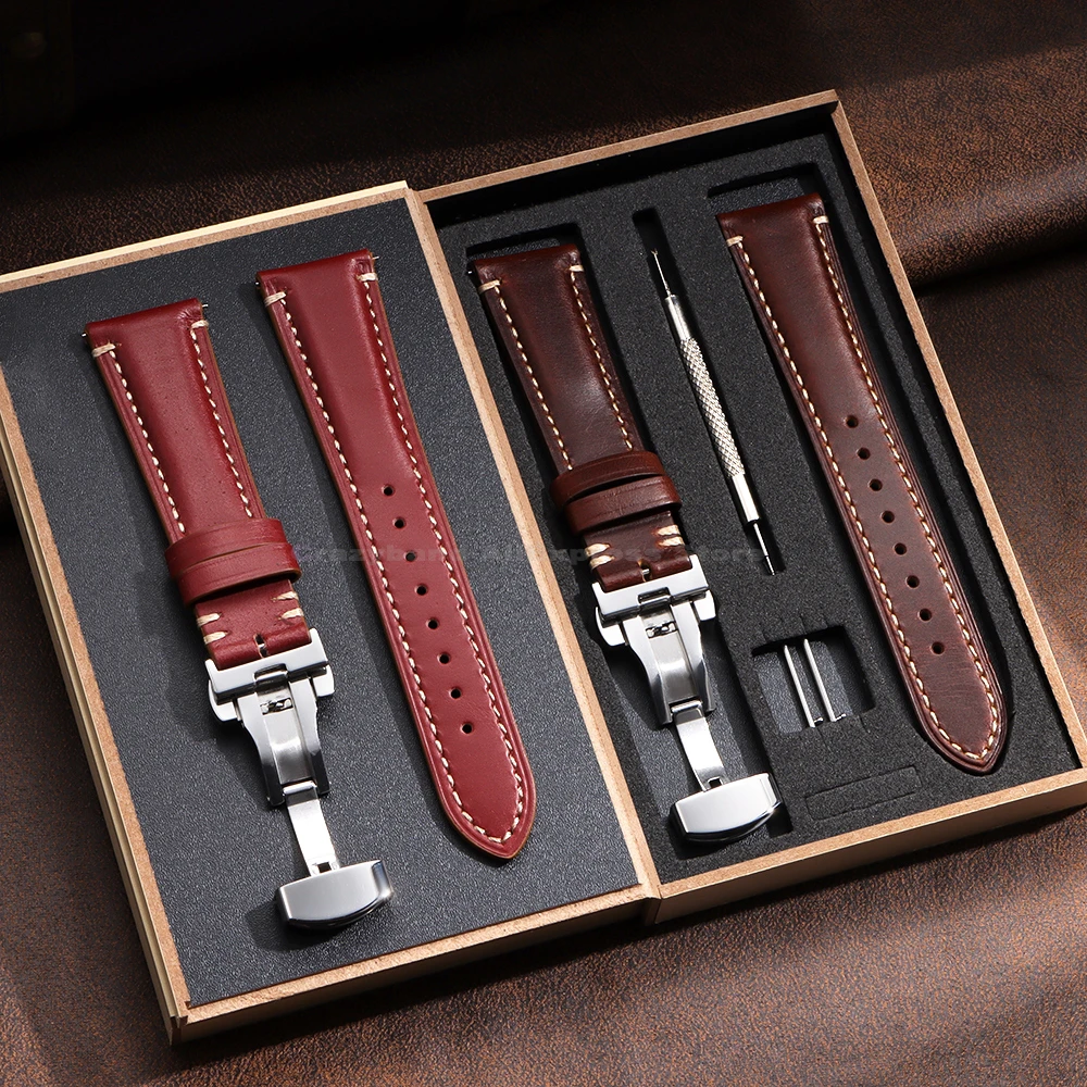 Luxurious Genuine Leather Wrist Bracelet with Butterfly Clasp - Elegant Watch Band Accessory with Gift Box