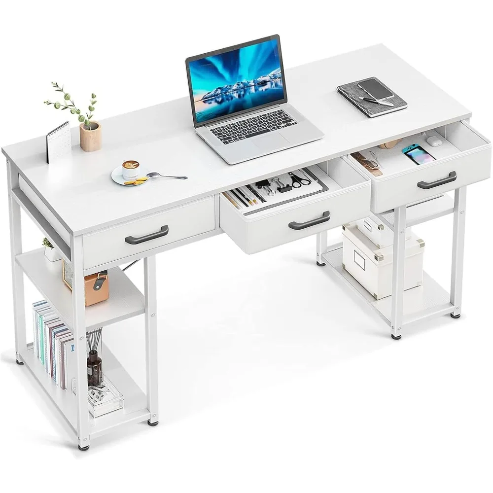 Small Computer Desk: Home Table with Fabric Drawers & Storage Shelves, Modern Writing Desk, White, 48"x16", Computers Desks 3