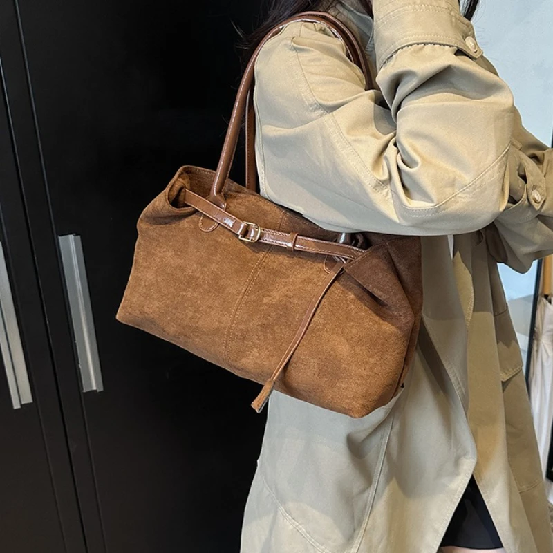 Autumn Winter Women's Suede Underarm Tote Bag Large Capacity Commuter Shopper Shoulder Bag 2026 New Trendy Soft Leather Handbags