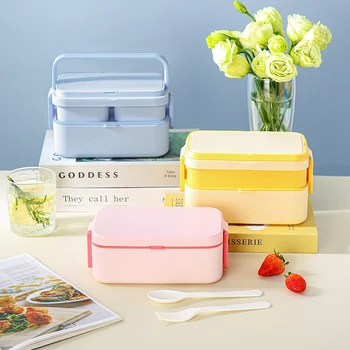 Boîte à lunch magique à double couche pour enfants, préparation de repas, camping, randonnée, extérieur, portable, Tiffin, poignée, voyage, école, boîte à bento 1