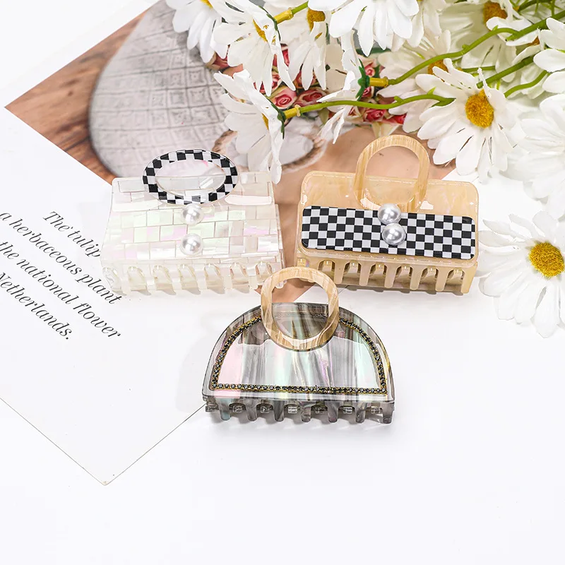 

Refreshing World Style Handbag Hair Claw Plaid Pearl Unique Acetate Hair Claw Clips Hair Accessories for Women Girls
