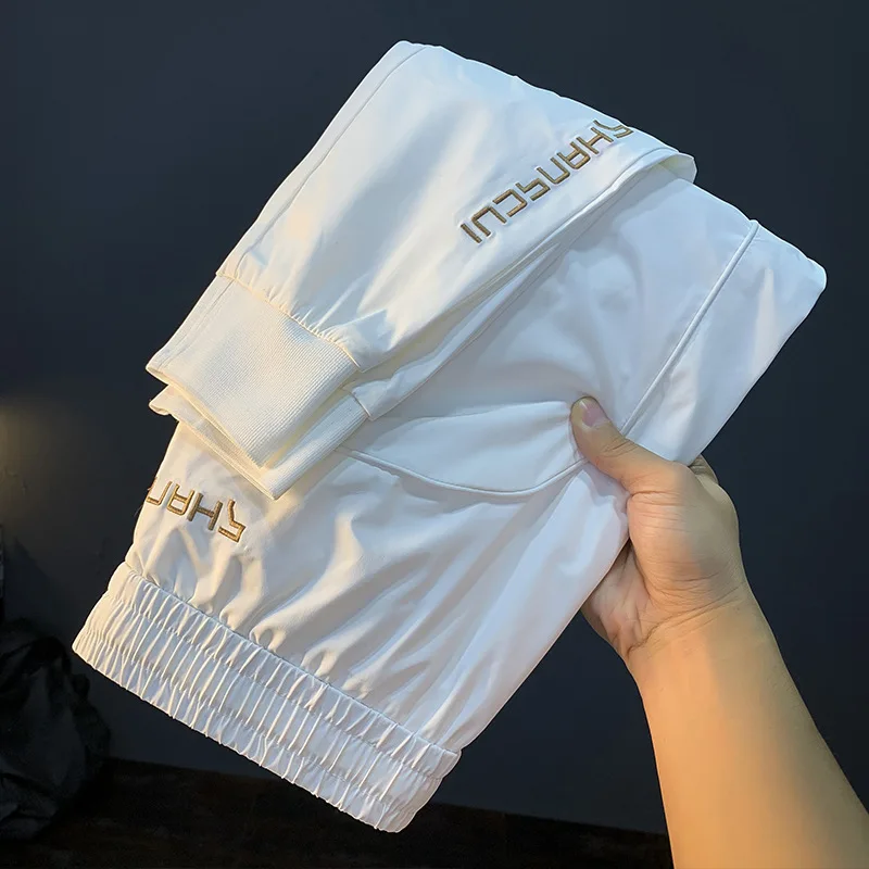 2024Summer Thin Casual Pants Men White Ice Silk Breathable Cool Feeling Ankle-Length Light Luxury Black Sports Pants
