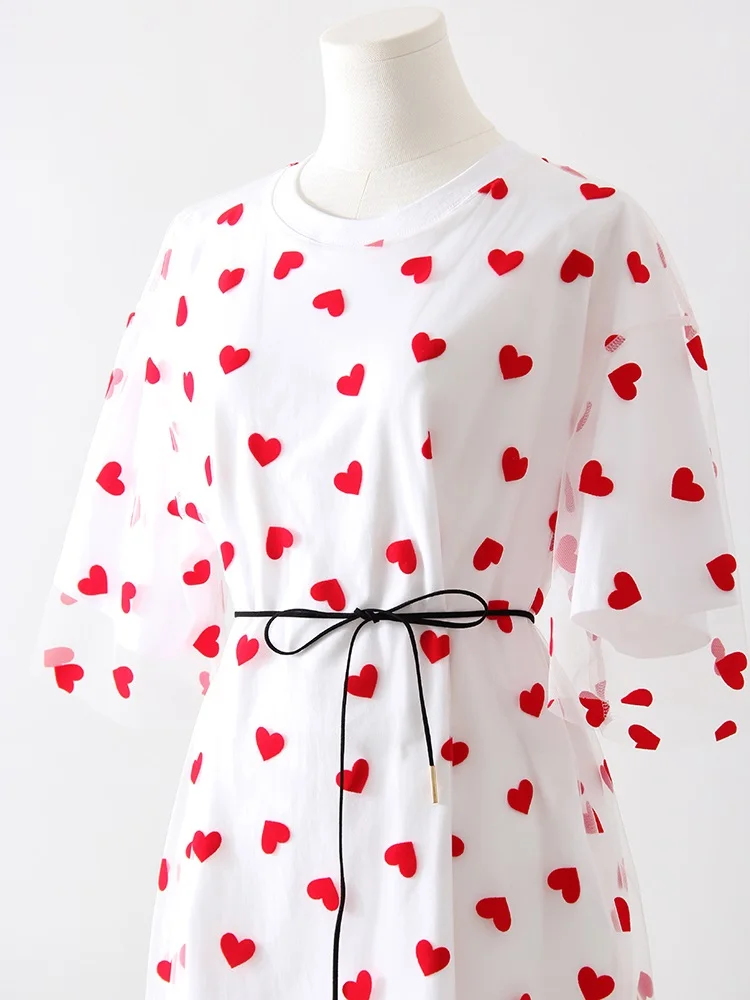 Long Mesh T Shirt Dress For Women Short Sleeve Heart Tulle Fake Two Piece Dresses WOmen's White Loose Maxi Dress With Heart Red