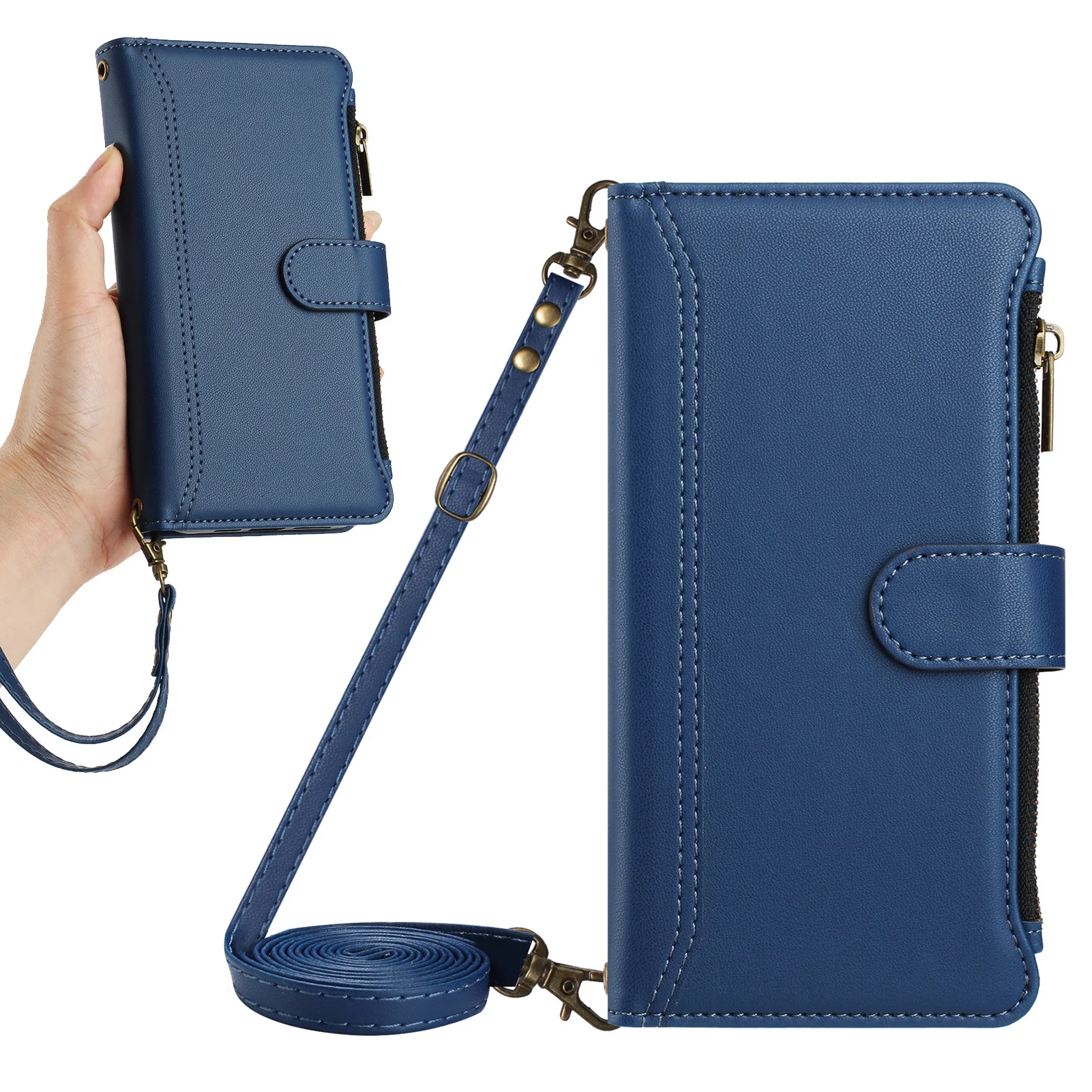 Multi-Card Leather Shoulder Wallet Case with Wireless Charging and Lanyard Flip Cover