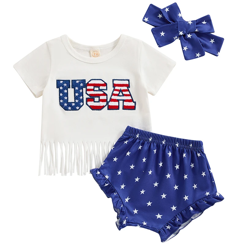 

Baby Girls Shorts Set Short Sleeve Letters Print Tasseled T-shirt with Stars Print Shorts and Hairband 4th of July Clothing