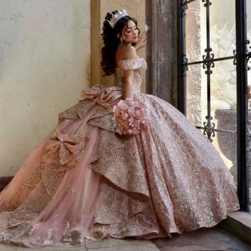 

Розовое милое бальное платье 16 Quinceanera 2023 блестящее кружевное платье принцессы с аппликацией и блестками 15 лет