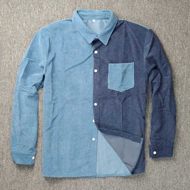 

Fashion Men Long Sleeve Corduroy Shirt Patchwork Casual Male Breathable Lapel Contrast Color Blouses Tops