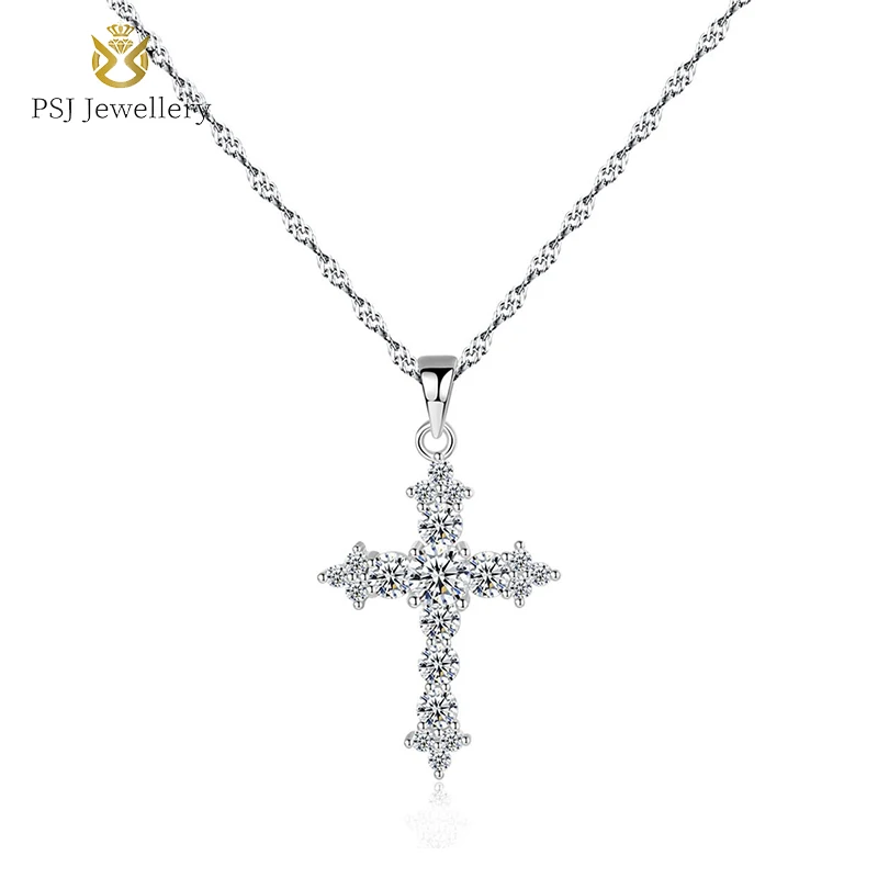 

PSJ Fashion Luxury Jewelry Cross Design Round Cubic Zirconia Rhodium Plated 925 Sterling Silver Pendant Necklaces for Women