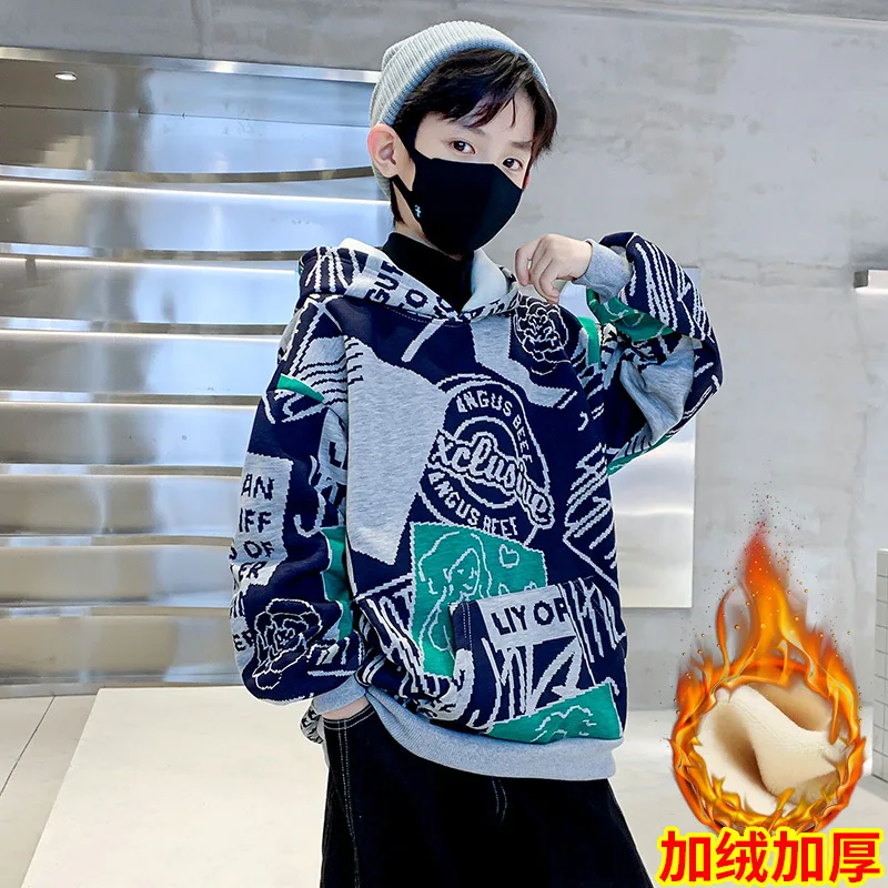 

Teen Boys Clothes Autumn Winter Thick Warm Tops Casual Letter Print Pullovers Children's Clothing Plush Hooded Sweatshirt 4-14 Y