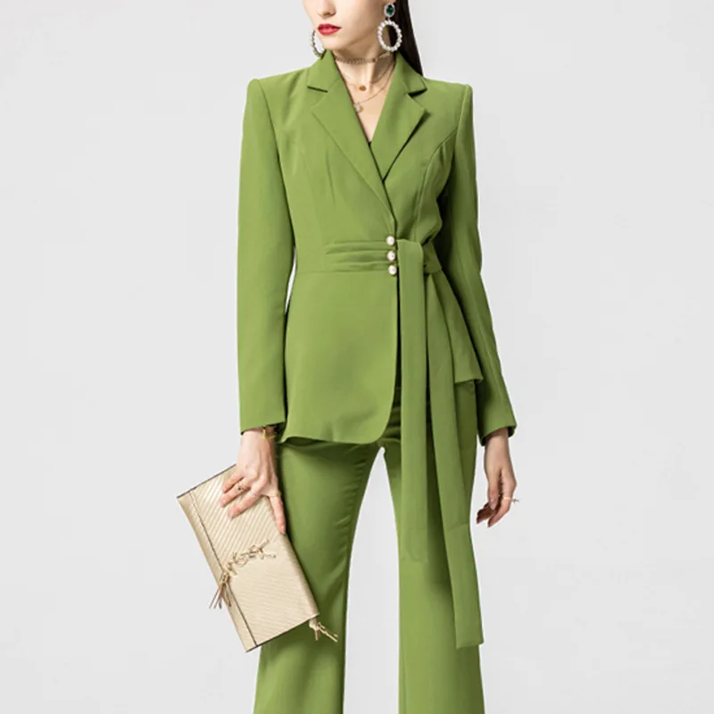 Women's Autumn Green Business Office Professional Set Temperament Slim Fit Formal Party Wedding Evening Party 2-piece Set