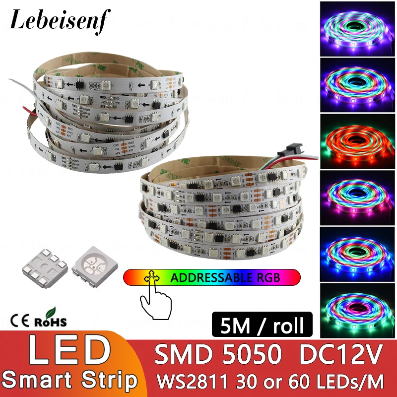 

5M RGB WS2811 5050 SMD LED Addressable Pixel Digital Smart Strip 30 or 60 LEDs/M IP 20 65 67 Waterproof Silicone Tube Light Bar
