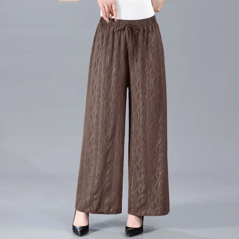 Simplicity Commuter Summer Thin Pants Women Solid Elastic Waist Drawstring Loose Casual High Waist Straight Wide Leg Trousers
