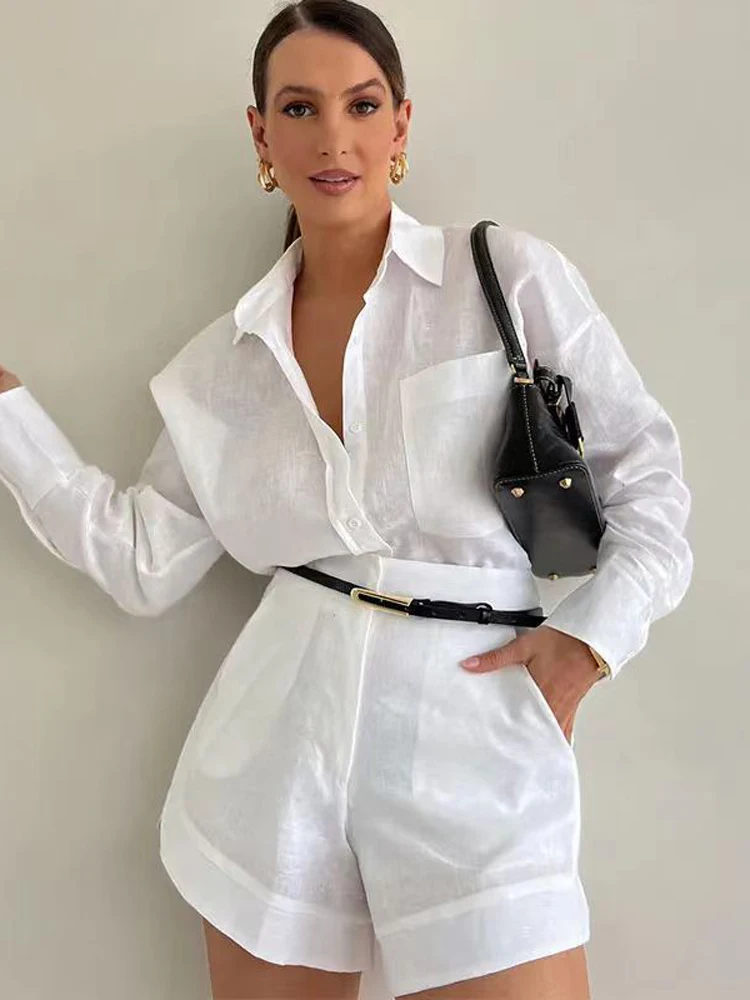 Tossy Casual Pocket 2 Piece-Set Women's Shorts Sets Lapel Long Sleeve Shirts And High Waist Solid Shorts Outfits Female Clothes