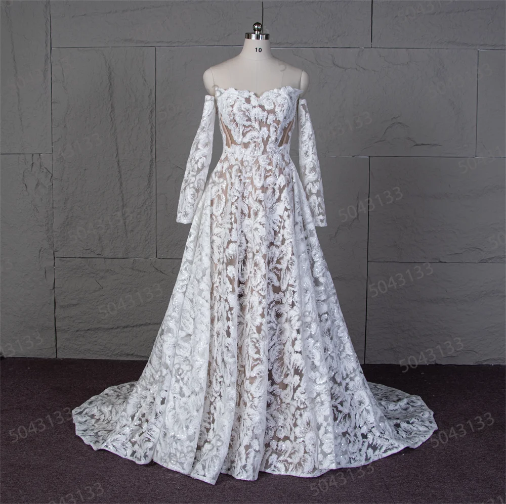 Customized Strapless Wedding Dress with Detachable Long Sleeves Exquisite Lace Bridal Gown Bling Bling New Arrival