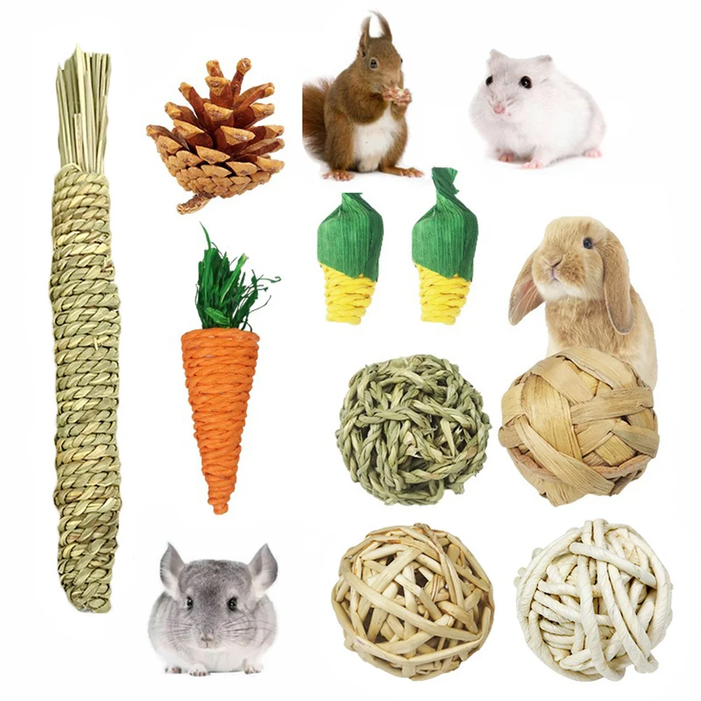9Pcs/set Rabbit Chew Toy Natural Grass Woven Balls Hamster Chinchilla Guinea Pigs Molar Small Animal Teeth Grinding Pet Supplies