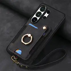 Leather RFID Blocking Wallet Phone Case with Ring Holder and Card Slots - Galaxy S23 Ultra (Black)