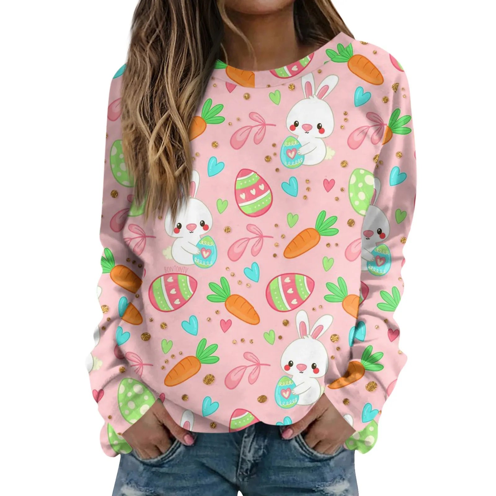 

Women'S Casual Fashion Easter Printing Long Sleeve O-Neck Pullover Top Blouse Korean Reviews Many Clothes женская одежда