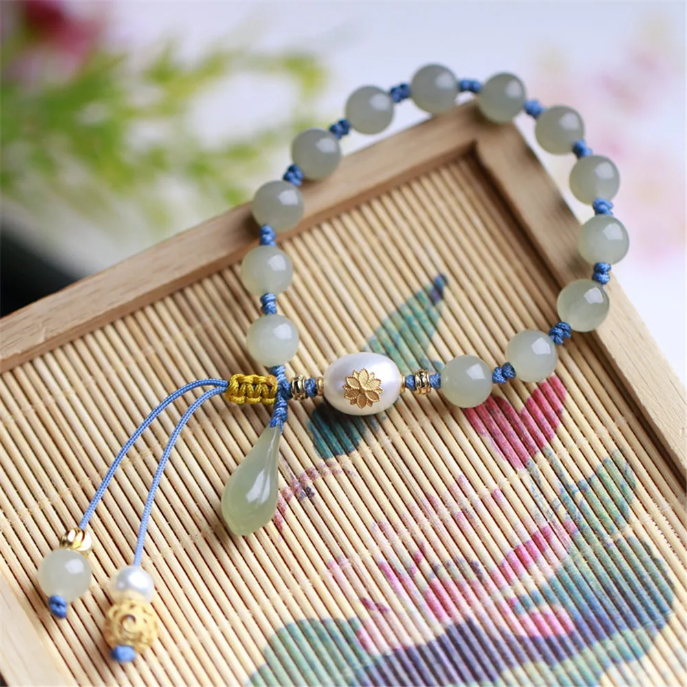 

Natural Hetian Jade Qingshui Round Beads Adjustable Bracelet Freshwater Pearl Magnolia Flower Women Jewelry Versatile Party Gift