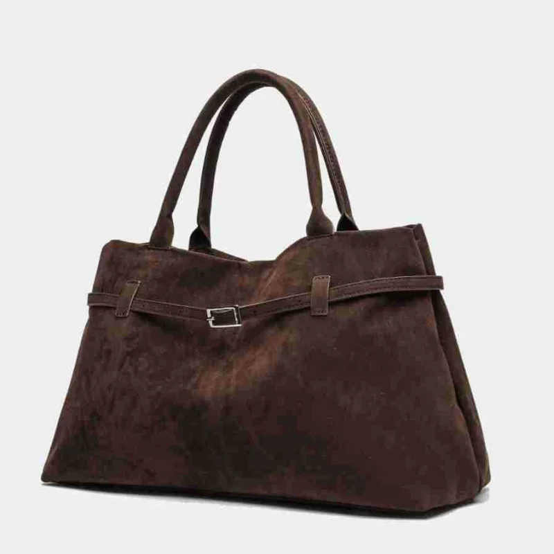 Vintage Suede Handbag Brown Matte Finish Classic Tote with Lock Design Large Capacity Commuter Bag for Women