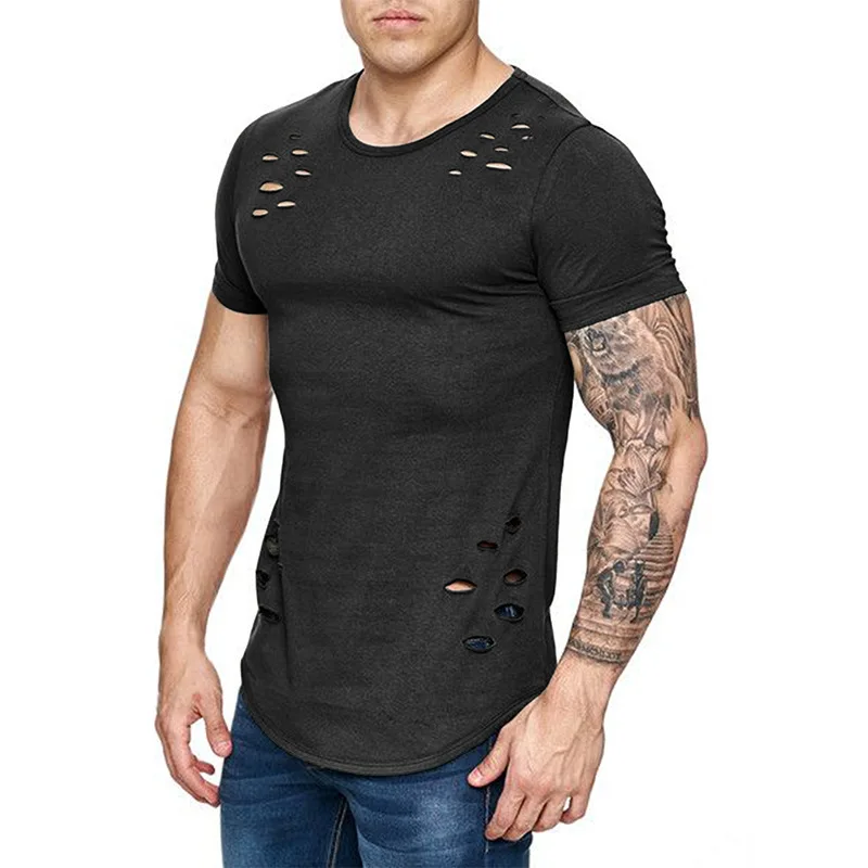 

Men's Slim-Fit Solid Color round Neck T-shirt Men's Ripped Short-Sleeved T-shirt Wholesale GD-CT
