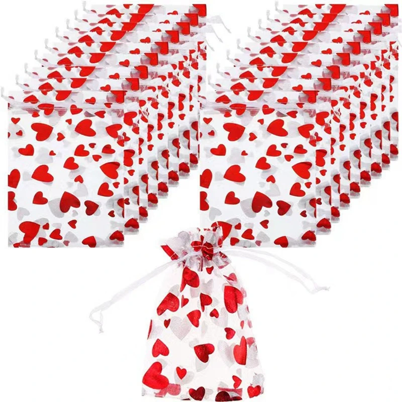 20 Stück rote Liebesherz-Organzabeutel für Hochzeit, Party, Geschenk, Süßigkeiten, Kordelzug, Weihnachten, Valentinstag, Schmuckbeutel, Display