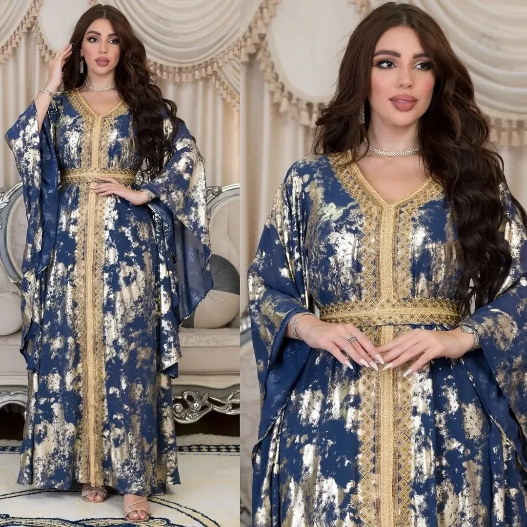 Caftan Belt Muslim Dress for Women Abaya Dubai Luxury Chiffon Bronzing Morocco Party Long Dresses Islamic Kaftan Robe Vestidos