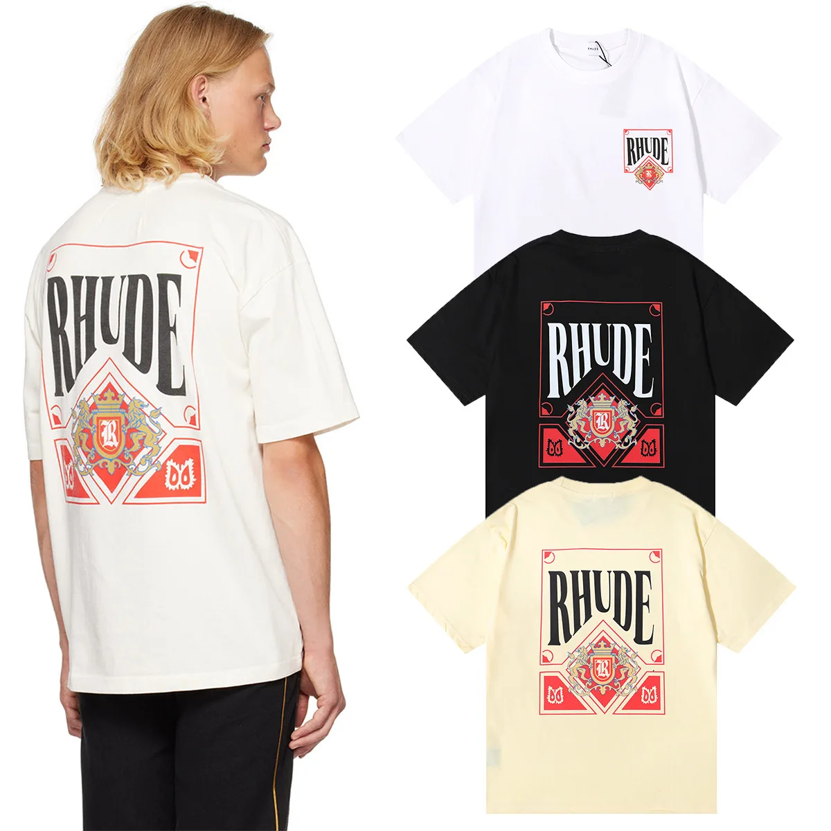 

RHUDE micro label letter card printed short sleeve T-shirt for men and women couples high street loose half sleeve