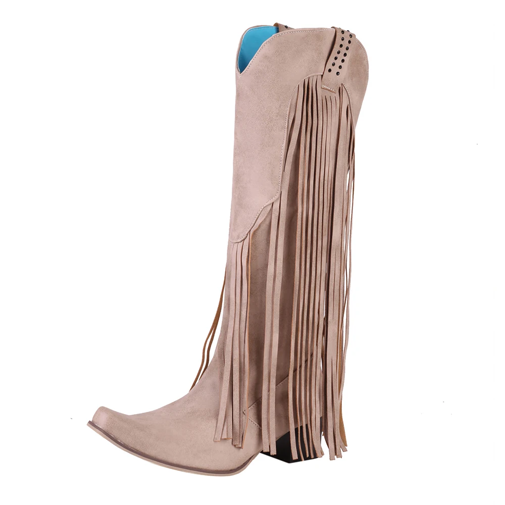 thumbnail image 1 of Retro remache borlas Botas Largas flecos botas de vaquero del Western mujeres 2023 Vintage mujer tacones gruesos botas informales Slip On zapatos femeninos, 1 of 5