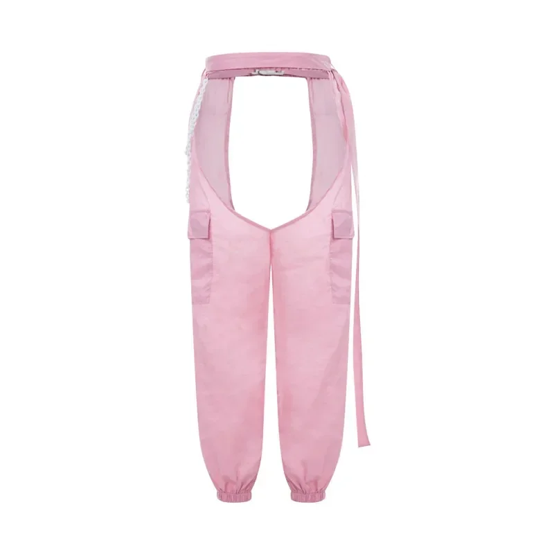 Women Open Crotch Long Pants Solid Black High Waist Crotchless Trousers With Chain Belt Lady Sexy Night Club Crotch Pants MYQH05